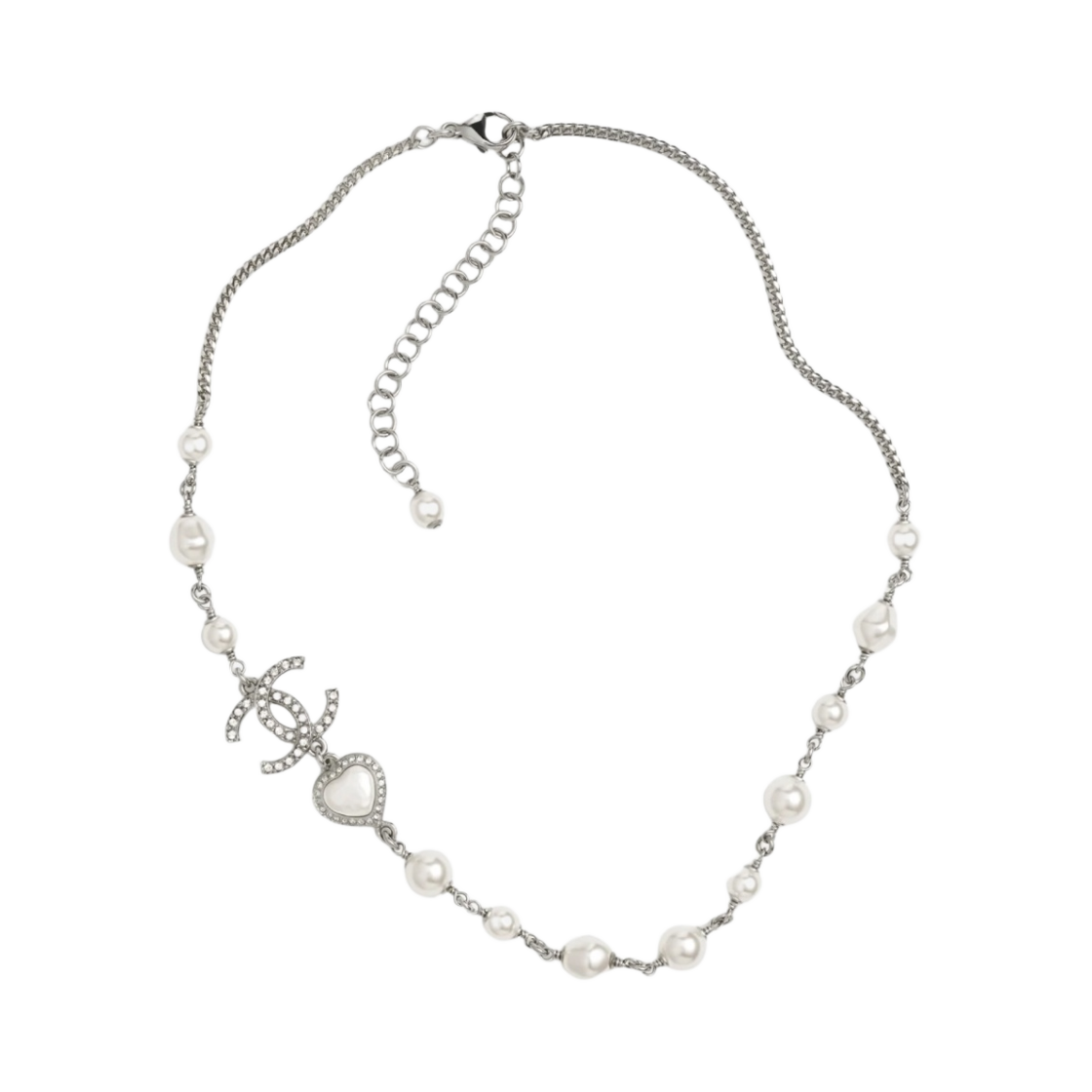 W) 샤넬 네클리스 메탈 글래스 펄 스트라스 실버 펄리 화이트