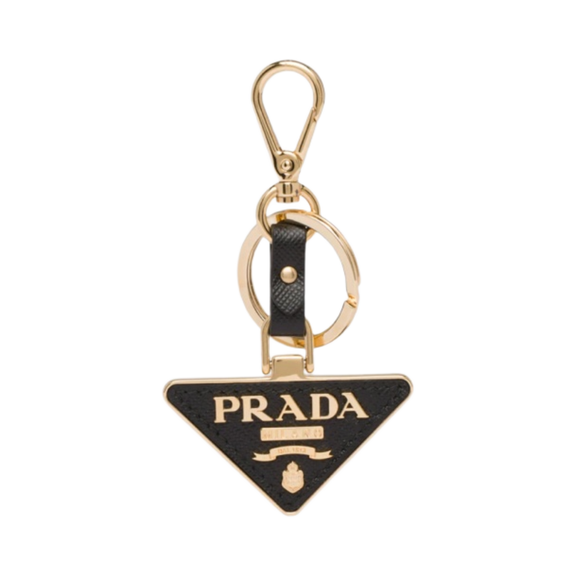 프라다 사피아노 레더 트라이앵글 로고 키체인 블랙 골드(Prada Saffiano Leather Triangle Logo Keychain Black Gold)