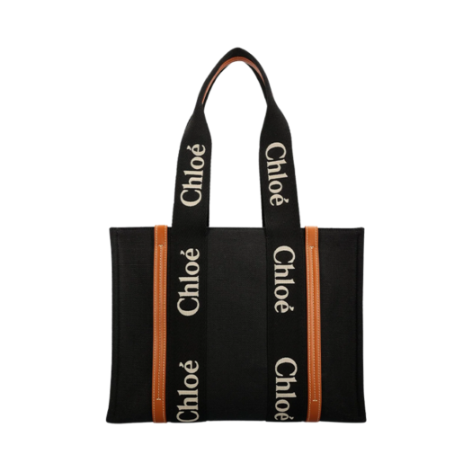 Chloe Linen Woody Tote Bag Black Beige