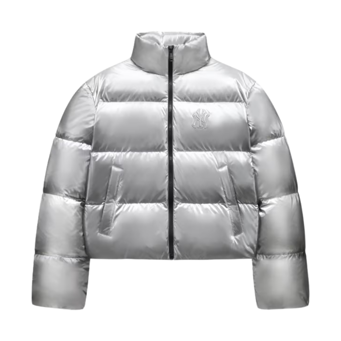 (W) MLB 크롭 메탈 유광 커브 푸퍼 자켓 뉴욕 양키스 실버((W) MLB Crop Metal Shiny Curve Puffer Jacket New York Yankees Silver)