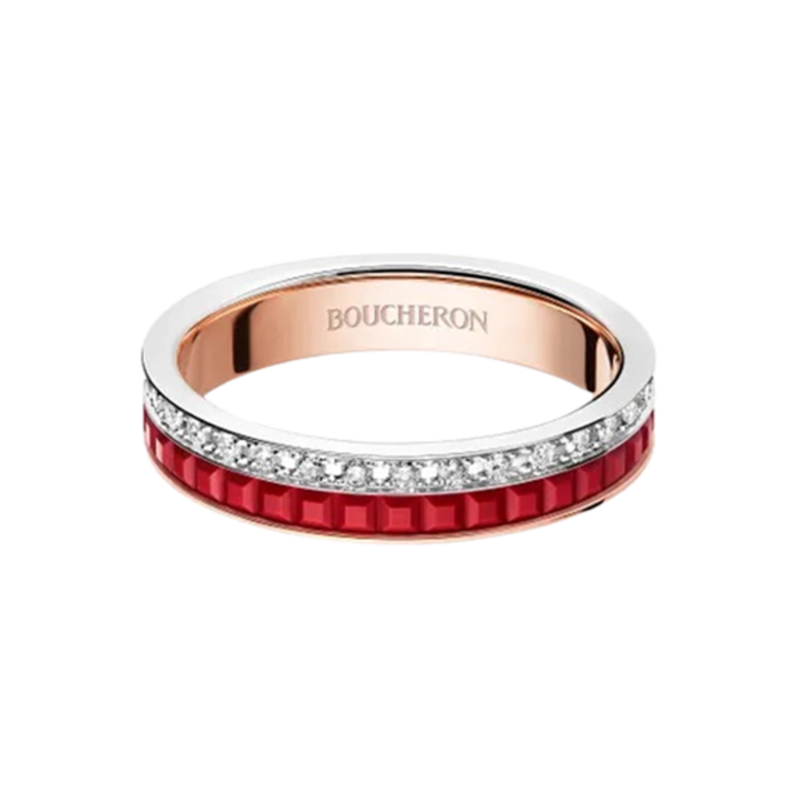 부쉐론 콰트로 레드 에디션 미니 링 18K 화이트 골드 핑크 골드 레드 세라믹 다이아몬드(Boucheron Quatre Red Edition Mini Ring 18K White Gold Pink Gold Red Ceramic Diamond) - 1