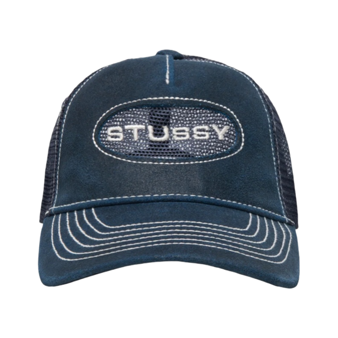 스투시 로우 프로 트러커 컷아웃 레더 스냅백 네이비 | Stussy