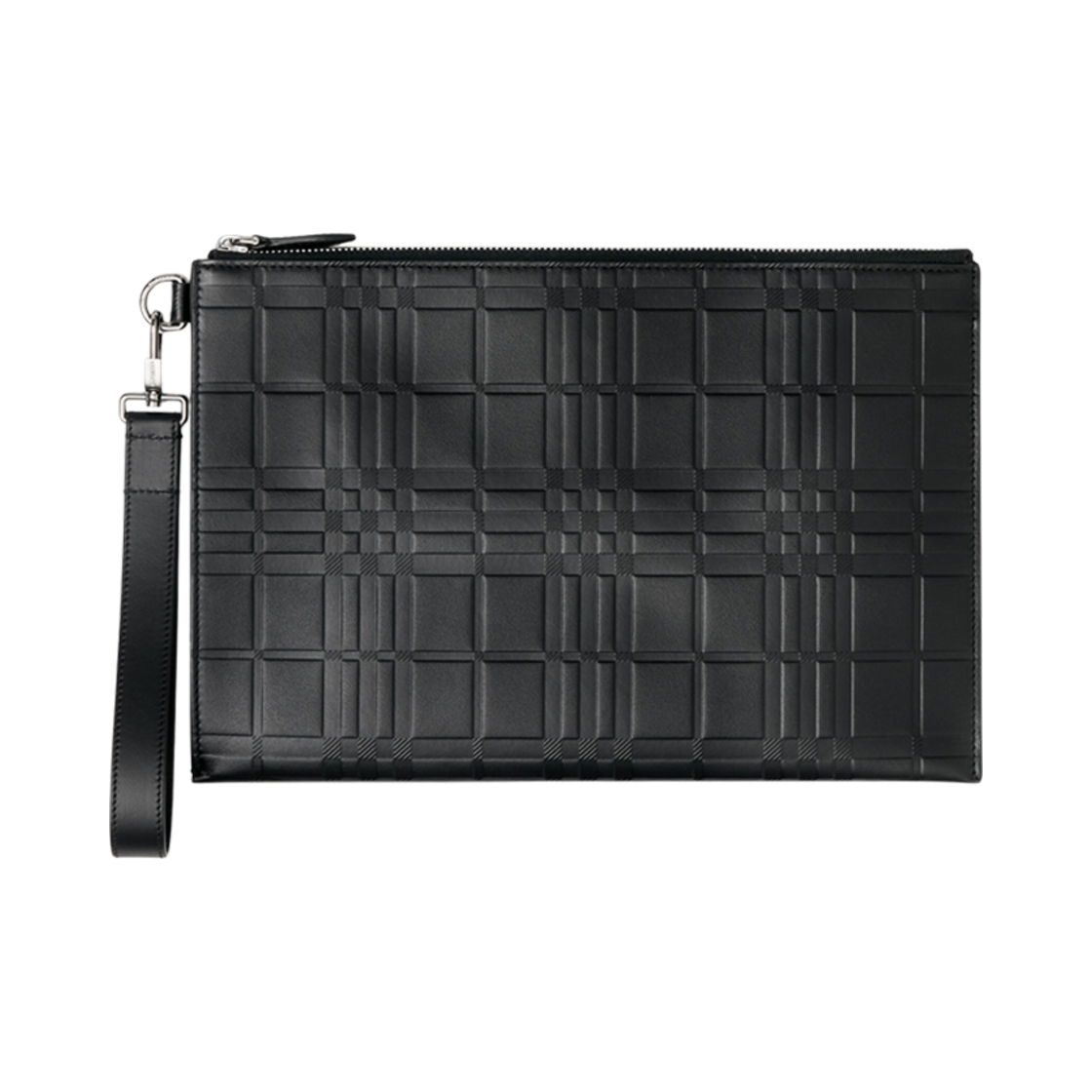 버버리 엠보스드 체크 레더 라지 지퍼 파우치 블랙(Burberry Embossed Check Leather Large Zip Pouch Black) - 1