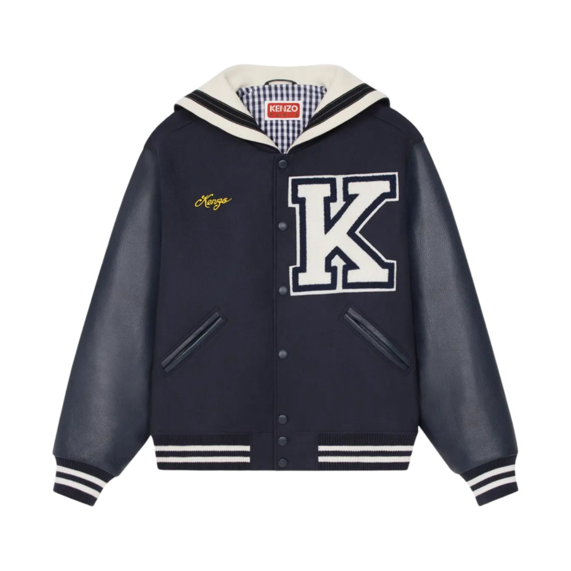 FD55BL1339ON77 Kenzo Sailor Varsity Wool Leather Jacket Midnight Blue