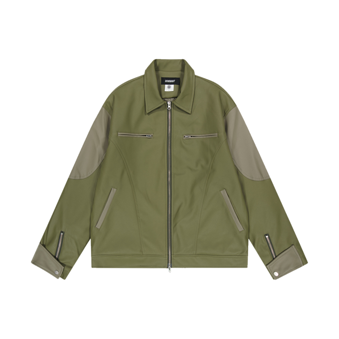 DMNT23FW_11 Dominant 2Way Cropped Distressed Leather Jacket Khaki Olive