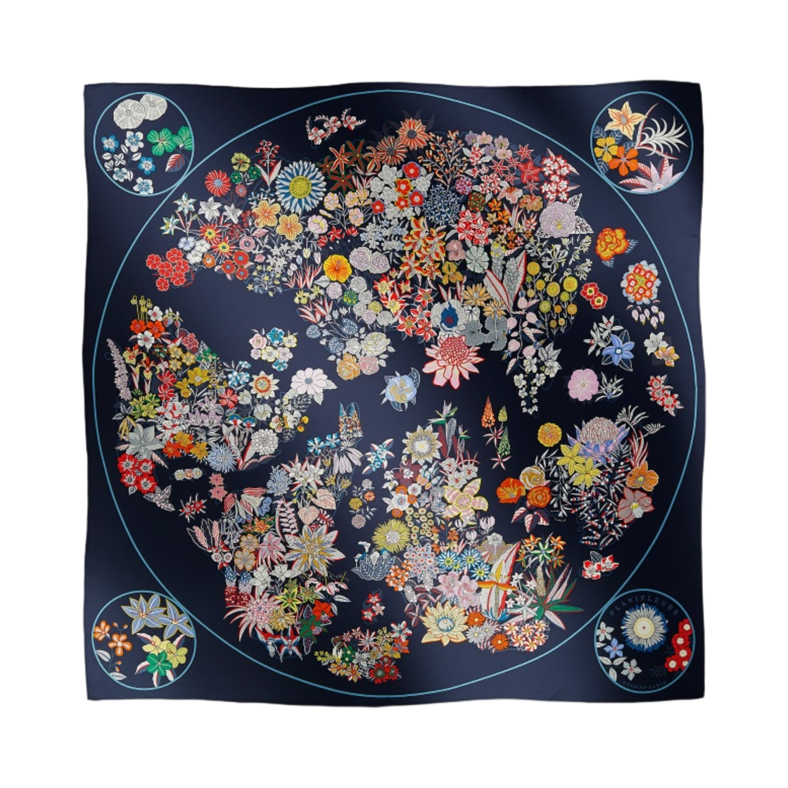 H003965S18 (W) Hermes Planifleurs Scarf 90 Marine Parme Multicolore