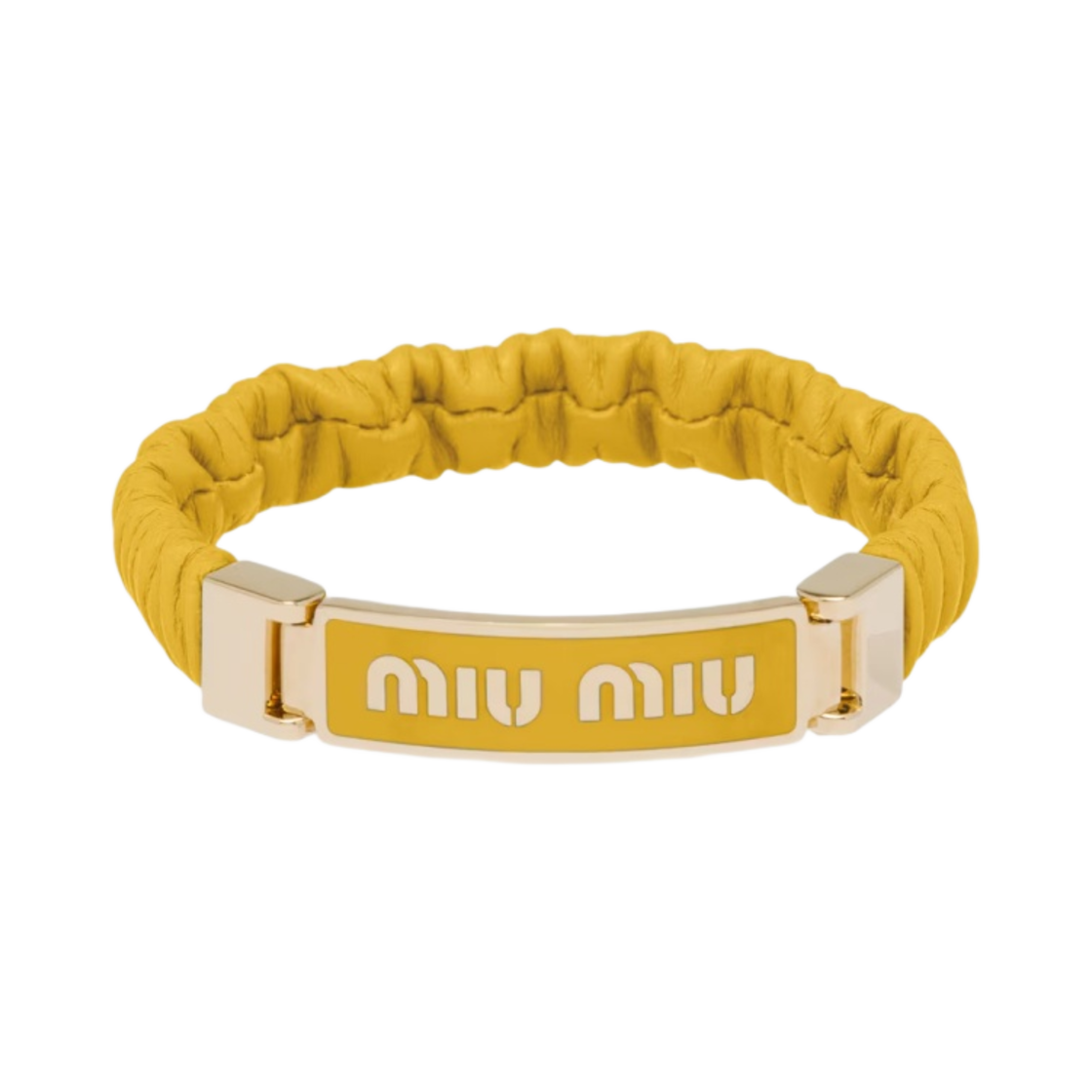 (W) 미우 미우 나파 레더 앤 메탈 브레이슬릿 샴브레이 로고 써니 옐로우((W) Miu Miu Nappa Leather and Metal Bracelet With Logo Sunny Yellow) - 1