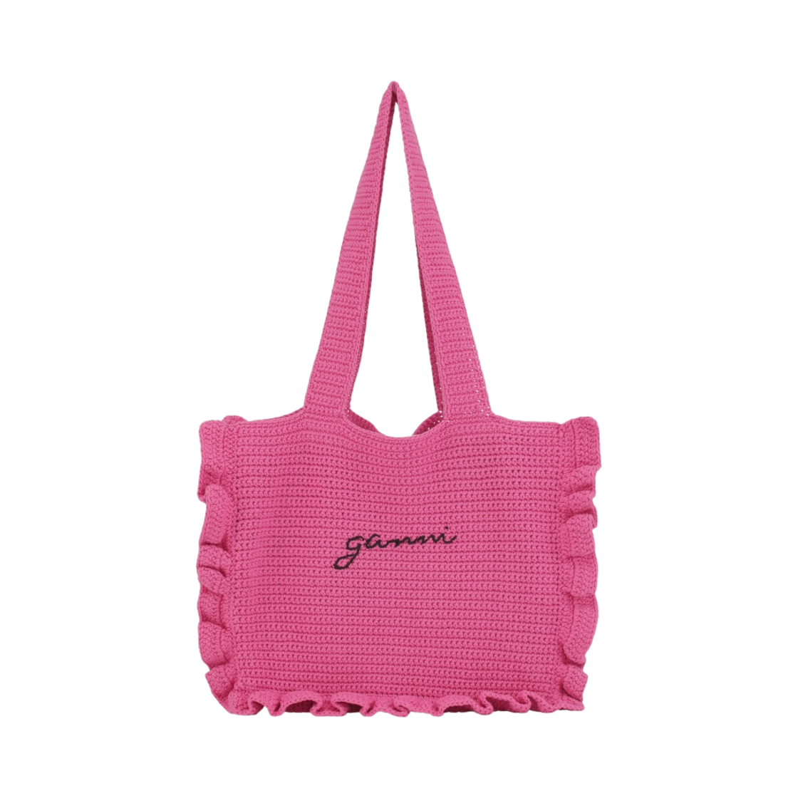 A4702-483 Ganni Crochet Frill Tote Solid Bag Shocking Pink