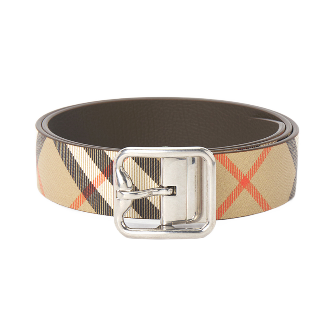 8092046 Burberry Reversible B Buckle Check Leather Belt Sand