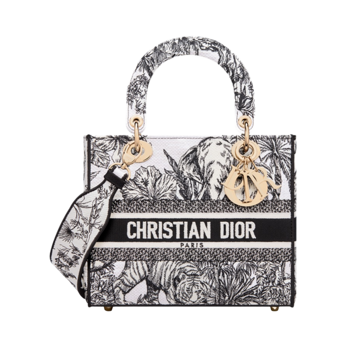 디올 미디움 레이디 D 라이트 백 트왈 드 주이 보야주 자수 화이트 블랙(Dior Medium Lady D Lite Bag Toile De Jouy Voyage Embroidery White Black) - 1