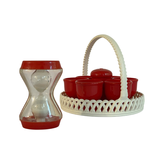 Germany Emsa Sand Timer, Egg Cup, Salt colorhouse 1960’s Germany Emsa Sand Timer, Egg Cup, Salt Cruet Tray Set