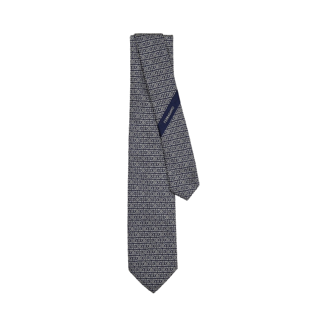 350942-768408 Ferragamo Gancini Silk Jacquard Tie Navy Blue Ivory