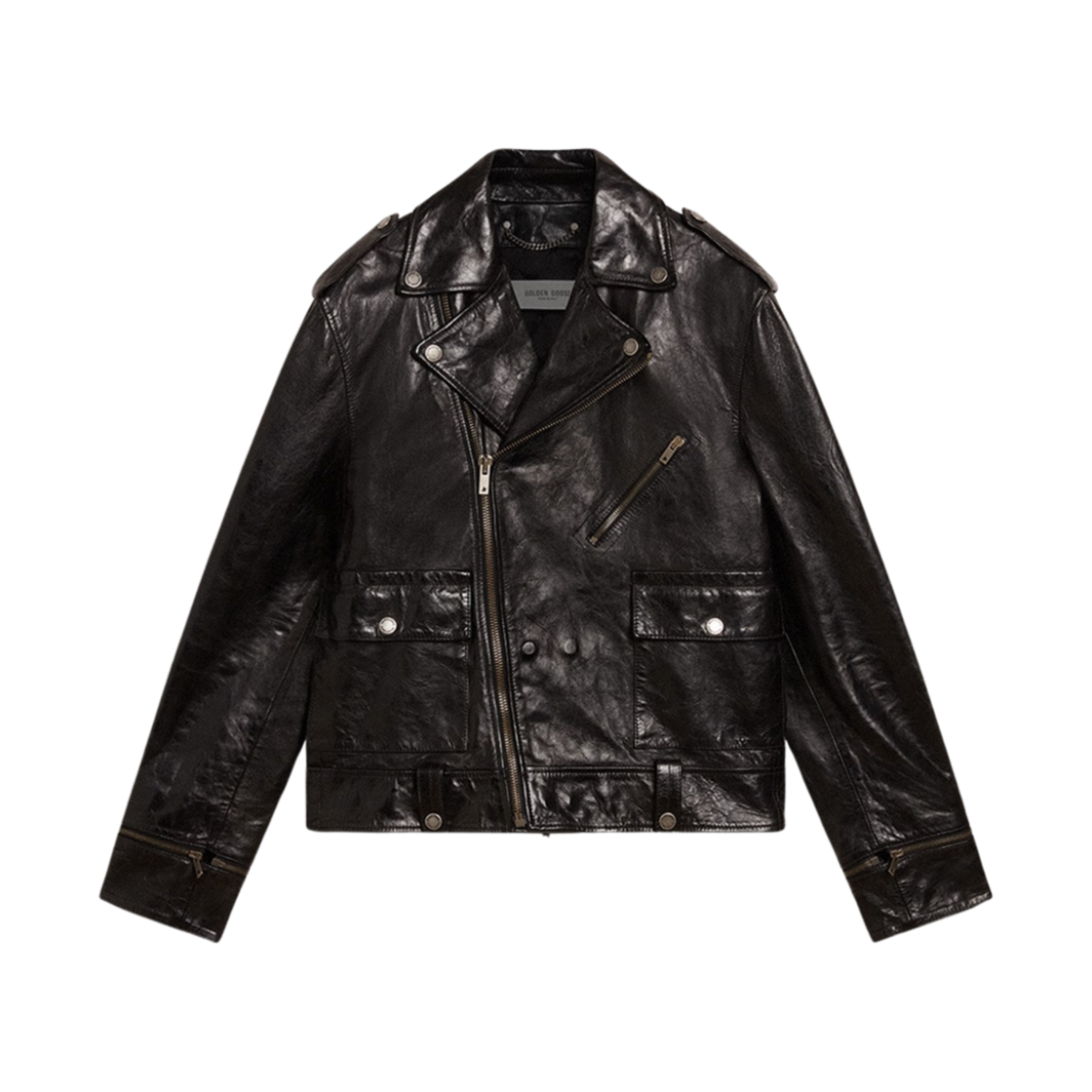 GMP02258-P001195-90100 Golden Goose Leather Biker Jacket with Glossy Effect Black