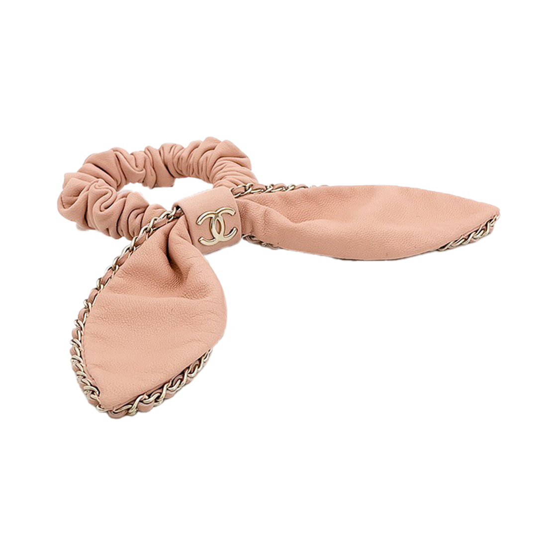 ITC6BJTSV6A2 Chanel Chain Trimming Ribbon Scrunchie Pink Champagne Gold
