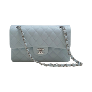 Chanel Small Classic Handbag Grained Calfskin & Gold Light Blue