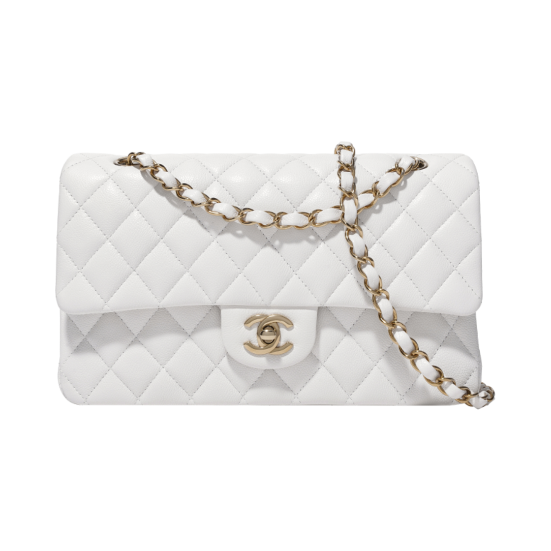 샤넬 클래식 미디움 플랩백 그레인드 카프스킨 & 골드 메탈 화이트(Chanel Medium Classic Handbag Grained Calfskin & Gold White)