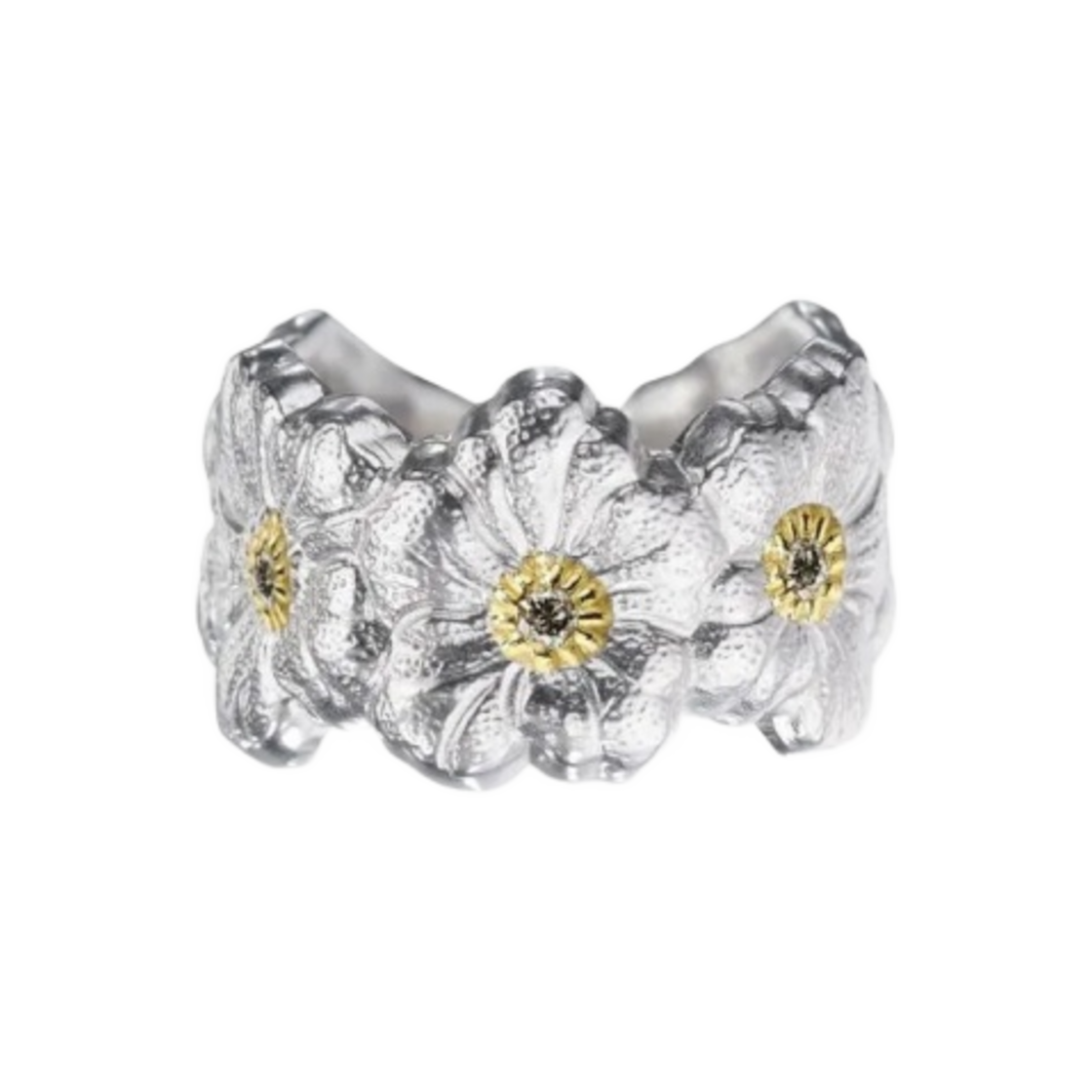 JAGETE012373 Buccellati Blossoms Eternelle Gardenia Ring with Brown Diamonds Vermeil Sterling Silver