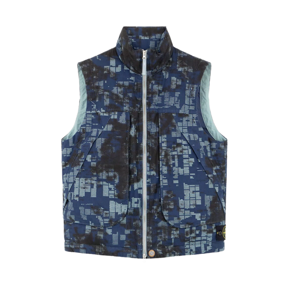 스톤 아일랜드 G13E2 카모플라주 코튼 캔버스 다운 베스트 지퍼 앤 안티 드롭 미드 블루 - 24FW