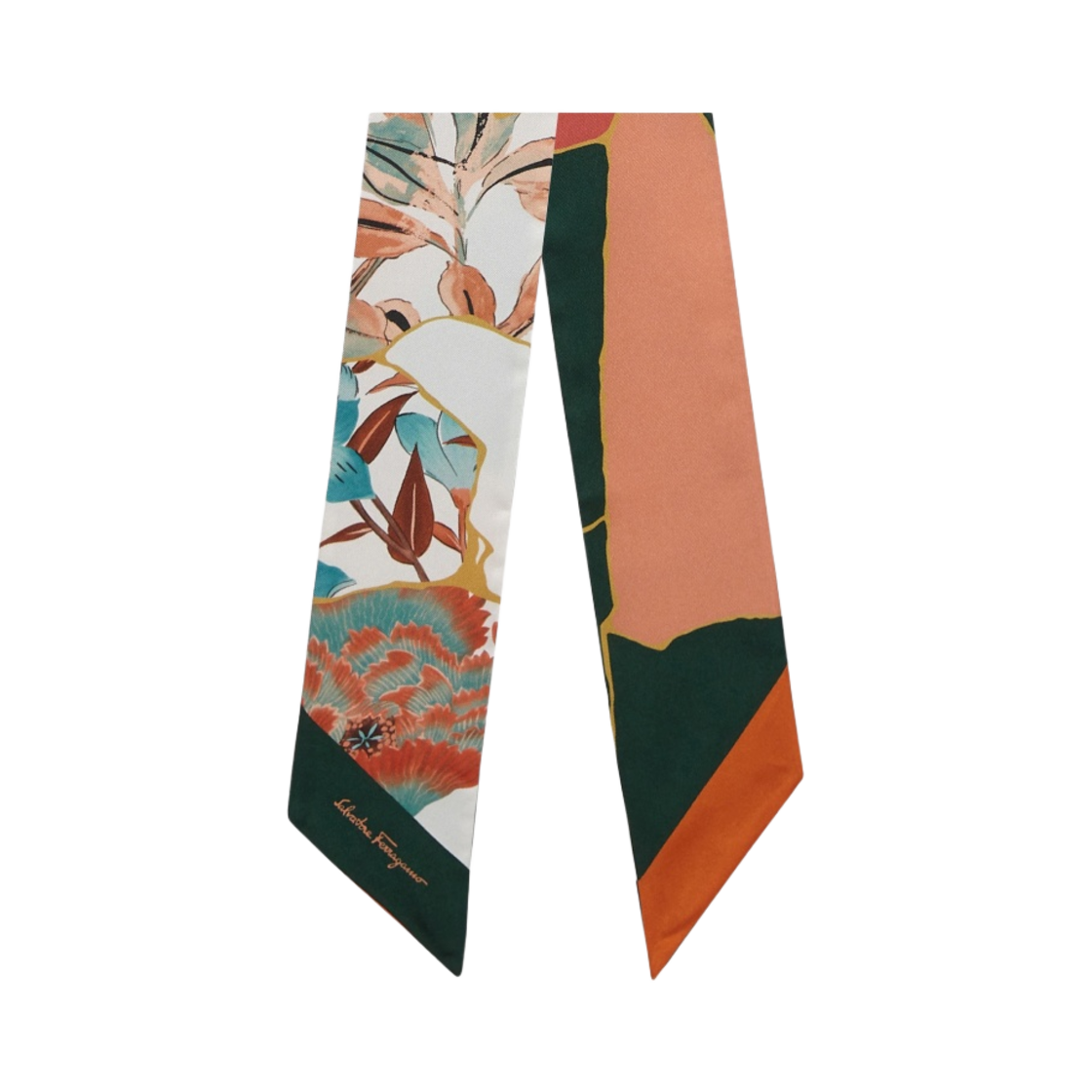 (W) 페라가모 킨츠기 프린트 실크 트윌리 밴드 아이보리 포레스트 그린((W) Ferragamo Kintsugi Print Silk Twilly Band Ivory Forest Green) - 1