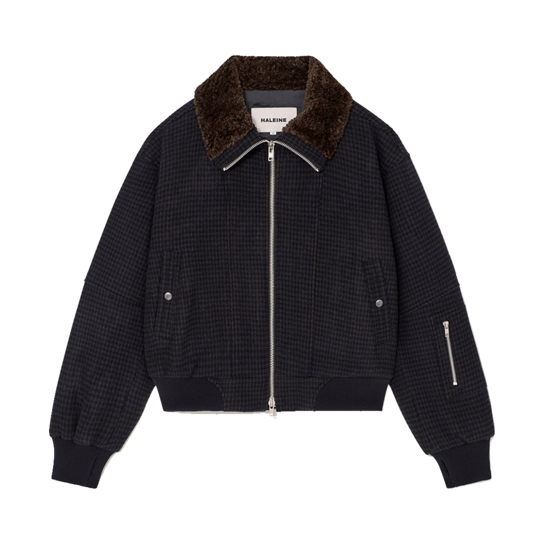 알렌느 하이넥 크롭드 울 블루종 네이비 체크(Haleine Highneck Cropped Wool Blouson Navy Check (VJ415)) - 1