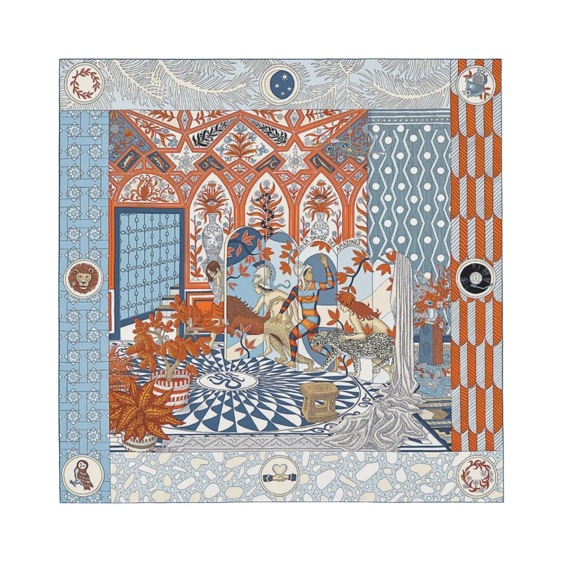 (W) 에르메스 까레 90 라 단스 데 아마조네스 스카프 90 블루 진 오랑쥬 브룬((W) Hermes Carre 90 La Danse des Amazones Scarf 90 Bleu Jean Orange Brun) - 1