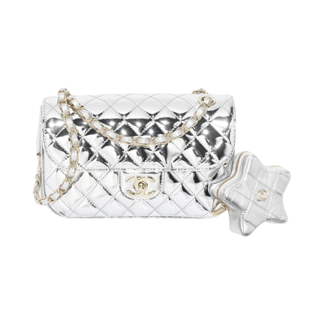 샤넬 플랩백 & 스타 코인 퍼스 메탈릭 미러 카프스킨 메탈릭 램스킨 & 골드 메탈 실버
