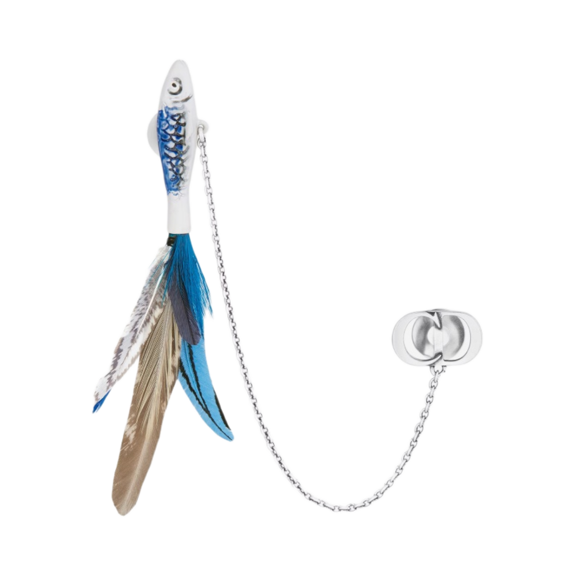 디올 CD 아이콘 체인 브로치 실버 피니쉬 브래스 블루 화이트 세라믹 페더(Dior CD Icon Chain Brooch Silver Finish Brass, Blue White Ceramic Feathers) - 1