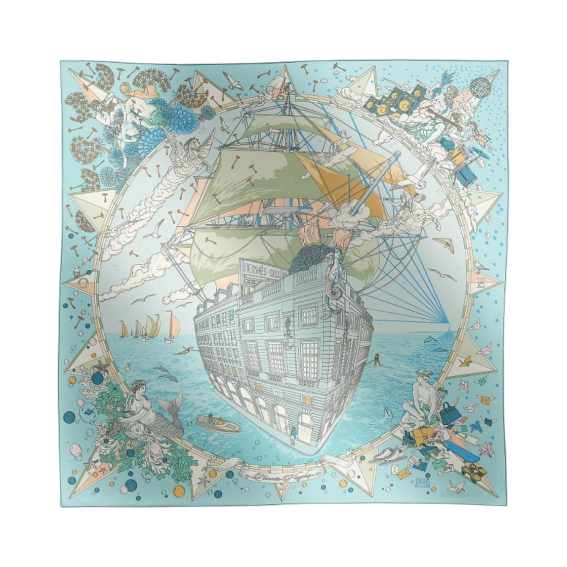 (W) 에르메스 플래그십 스카프 90 블루 씨엘 베르 드 그리 로즈((W) Hermes Flagship Scarf 90 Bleu Ciel Vert De Gris Rose)