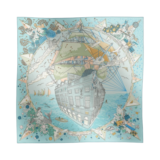 (W) Hermes Flagship Scarf 90 Bleu Ciel Vert De Gris Rose
