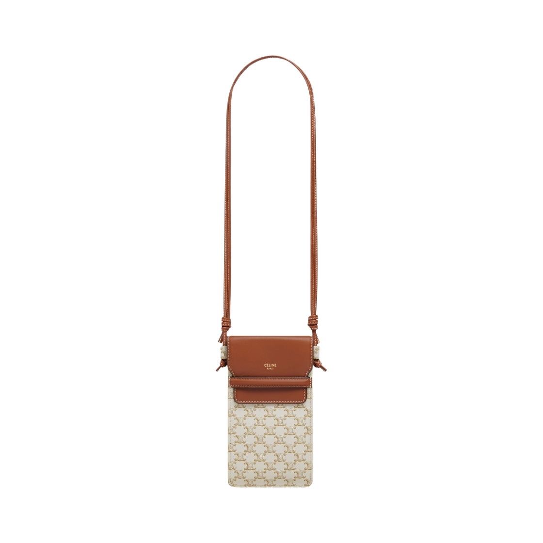10G332CQD-01TA Celine Phone Pouch with Flap in Triomphe Canvas and Lambskin White Tan
