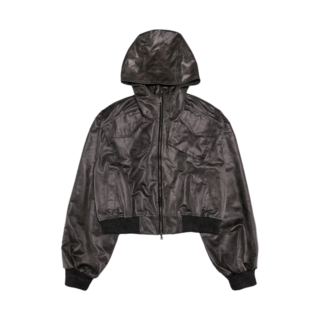 5588374 Full of Ssun Hood Cargo Crop Leather Jacket Grey