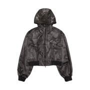 Full of Ssun Hood Cargo Crop Leather Jacket Grey