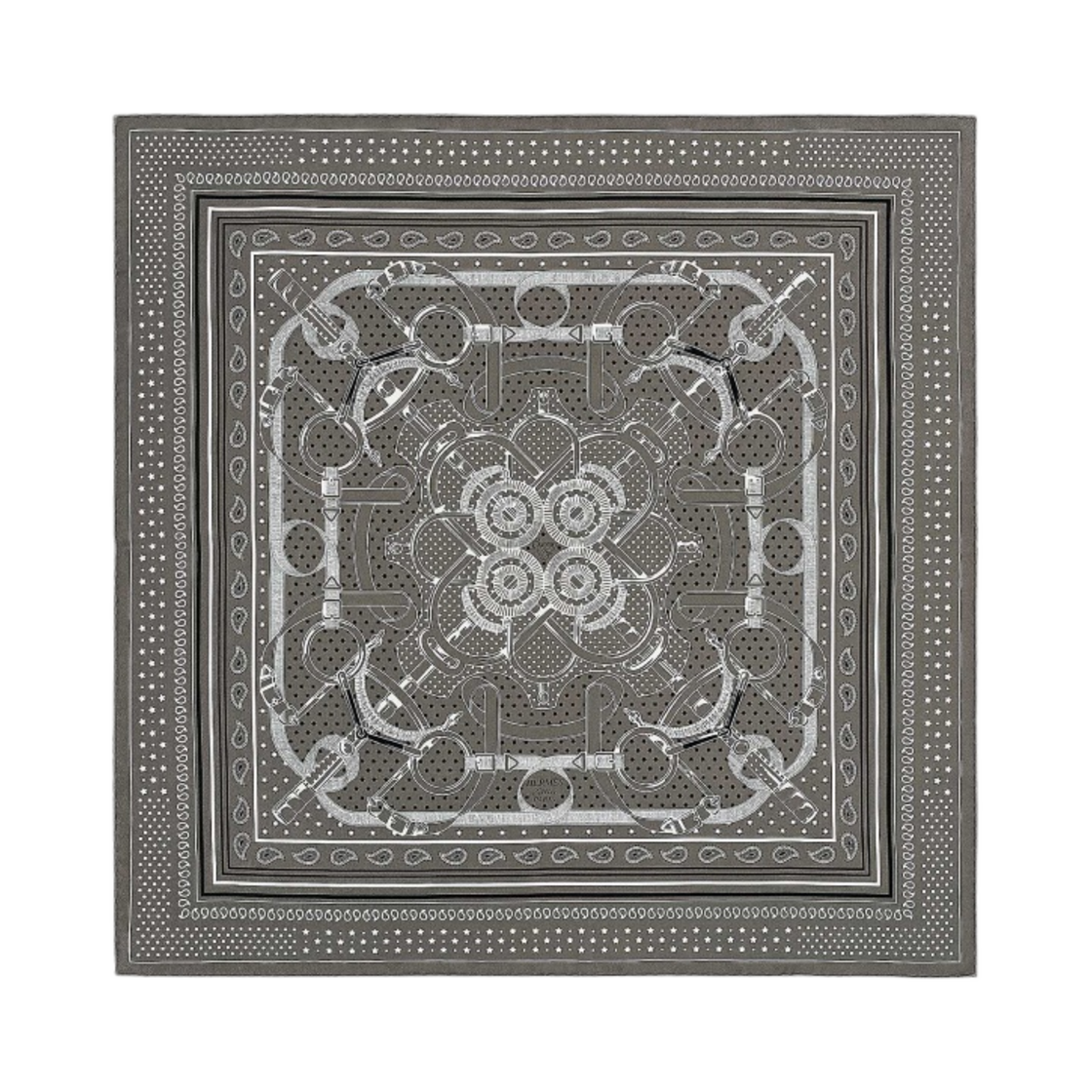(W) 에르메스 에페론 오르 반다나 스카프 70 그리 토프 누아 블랑((W) Hermes Eperon D'Or Bandana Scarf 70 Gris Taupe Noir Blanc) - 1