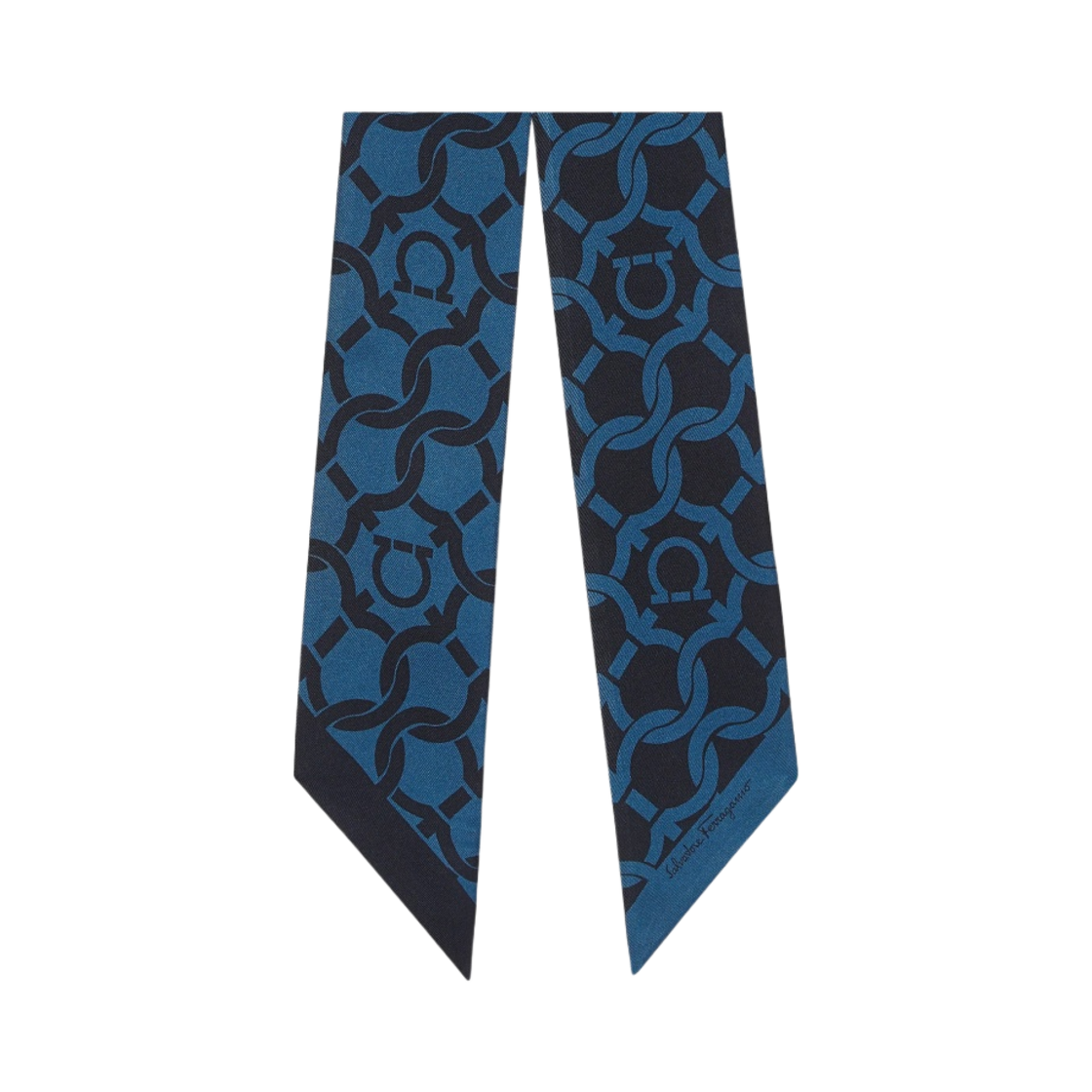 (W) 페라가모 간치니 프린트 실크 트윌리 네이비 메디테라네오 블루((W) Ferragamo Gancini Print Silk Twilly Navy Mediterraneo Blue) - 1