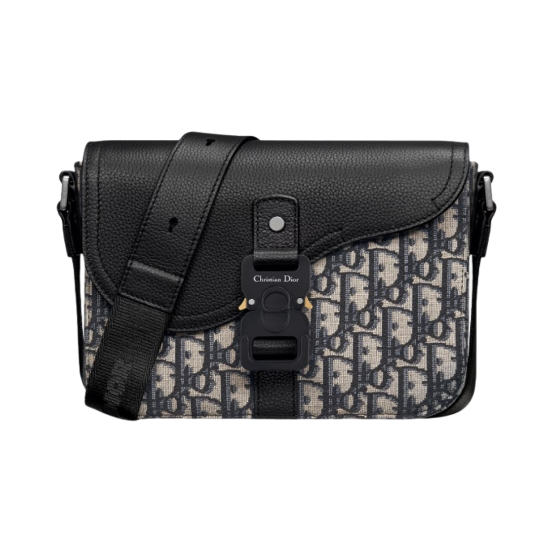 디올 스몰 스트랩 새들백 블랙 그레인드 카프스킨 베이지 & 블랙 디올 오블리크 자카드(Dior Small Strap Saddle Bag Black Grained Calfskin Beige & Black Dior Oblique Jacquard)