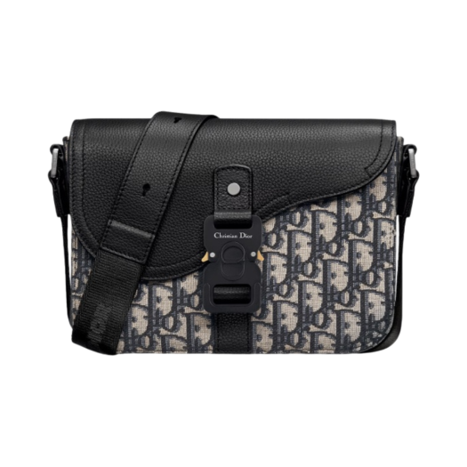 1ADPO049YKS-H27E Dior Small Strap Saddle Bag Black Grained Calfskin Beige & Black Dior Oblique Jacquard