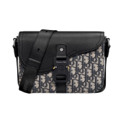 Dior Small Strap Saddle Bag Black Grained Calfskin Beige & Black Dior Oblique Jacquard