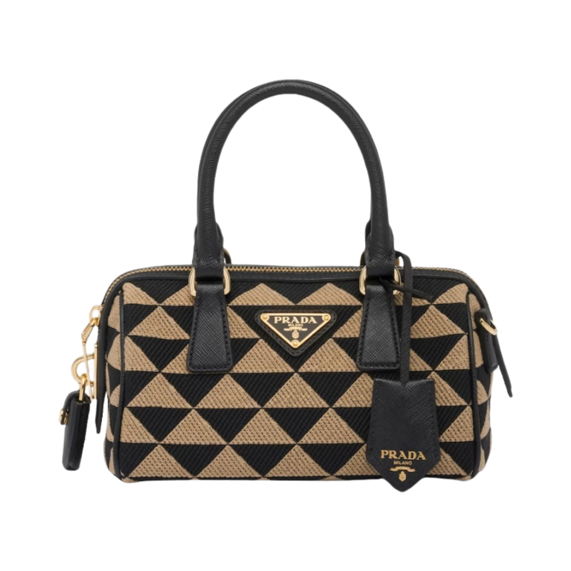 프라다 심볼 자수 패브릭 탑 핸들 백 블랙 베이지(Prada Symbole Embroidered Fabric Top-Handle Bag Black Beige) - 1