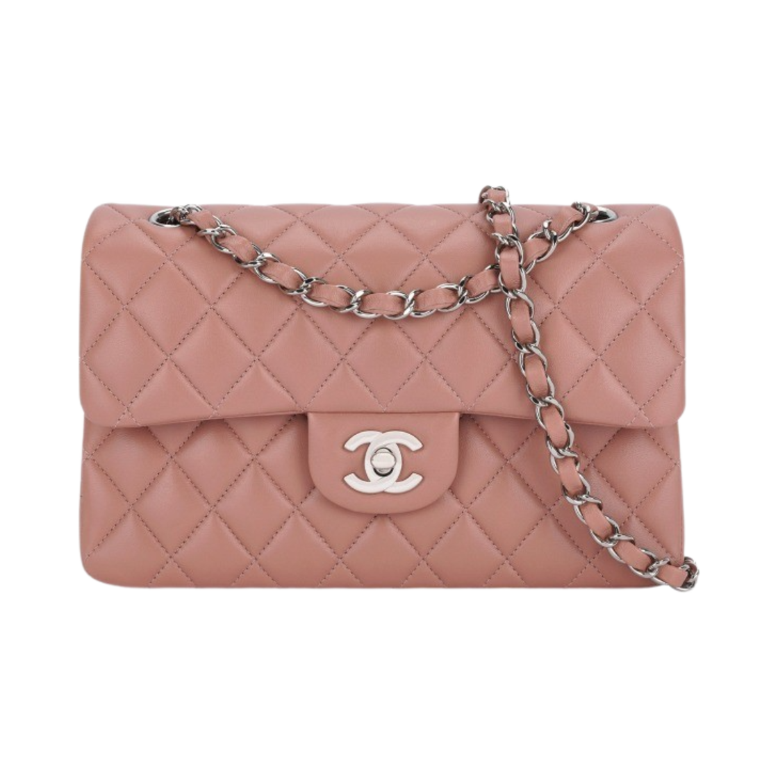 샤넬 클래식 스몰 플랩백 램스킨 & 실버 메탈 다크 핑크