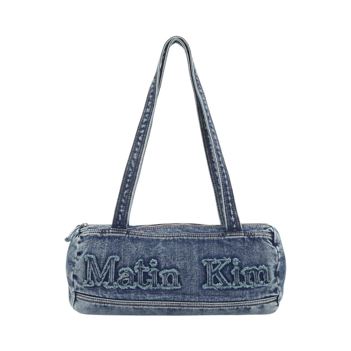 마뗑킴 로고 워시드 데님 더플백 블루