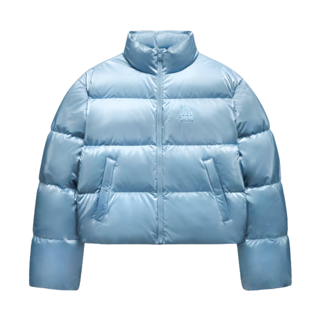 (W) MLB 크롭 메탈 유광 커브 푸퍼 자켓 LA 다저스 스카이 블루((W) MLB Crop Metal Shiny Curve Puffer Jacket LA Dodgers Sky Blue)