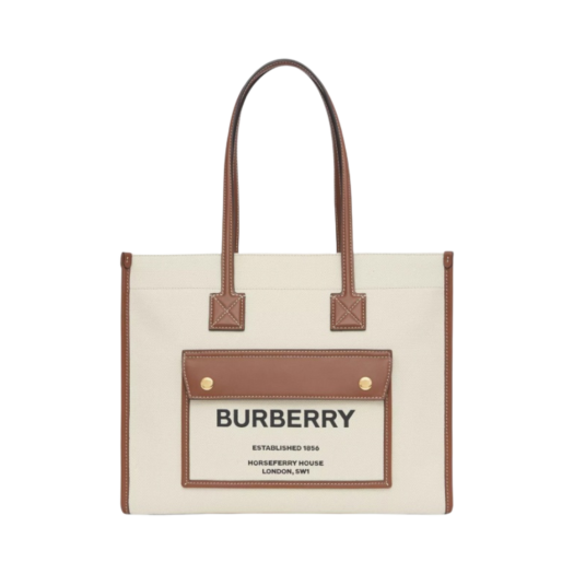 Burberry Small Two-Tone Canvas and Leather Freya Tote Bag Natural Tan