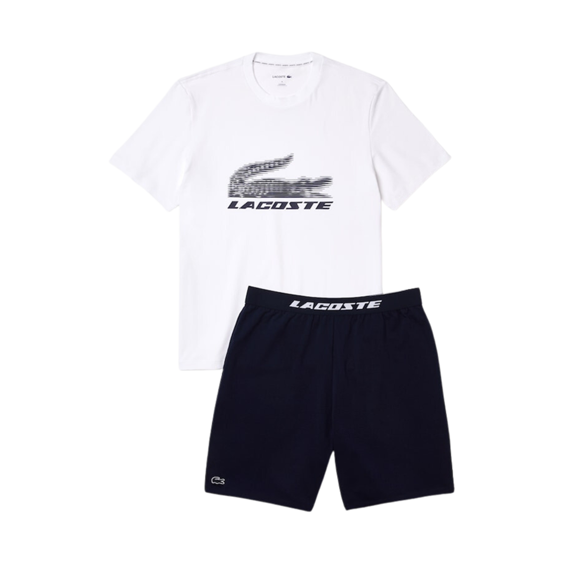 라코스테 스트래치 코튼 숏 파자마 셋업 화이트 네이비 블루(Lacoste Stretch Cotton Short Pajama Set White Navy Blue) - 1