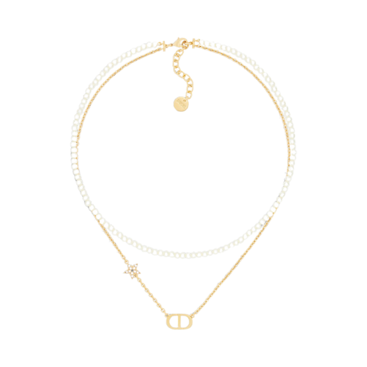 (W) Dior Petit CD Necklace Gold Finish Metal White Resin Pearl Silver Tone Crystals