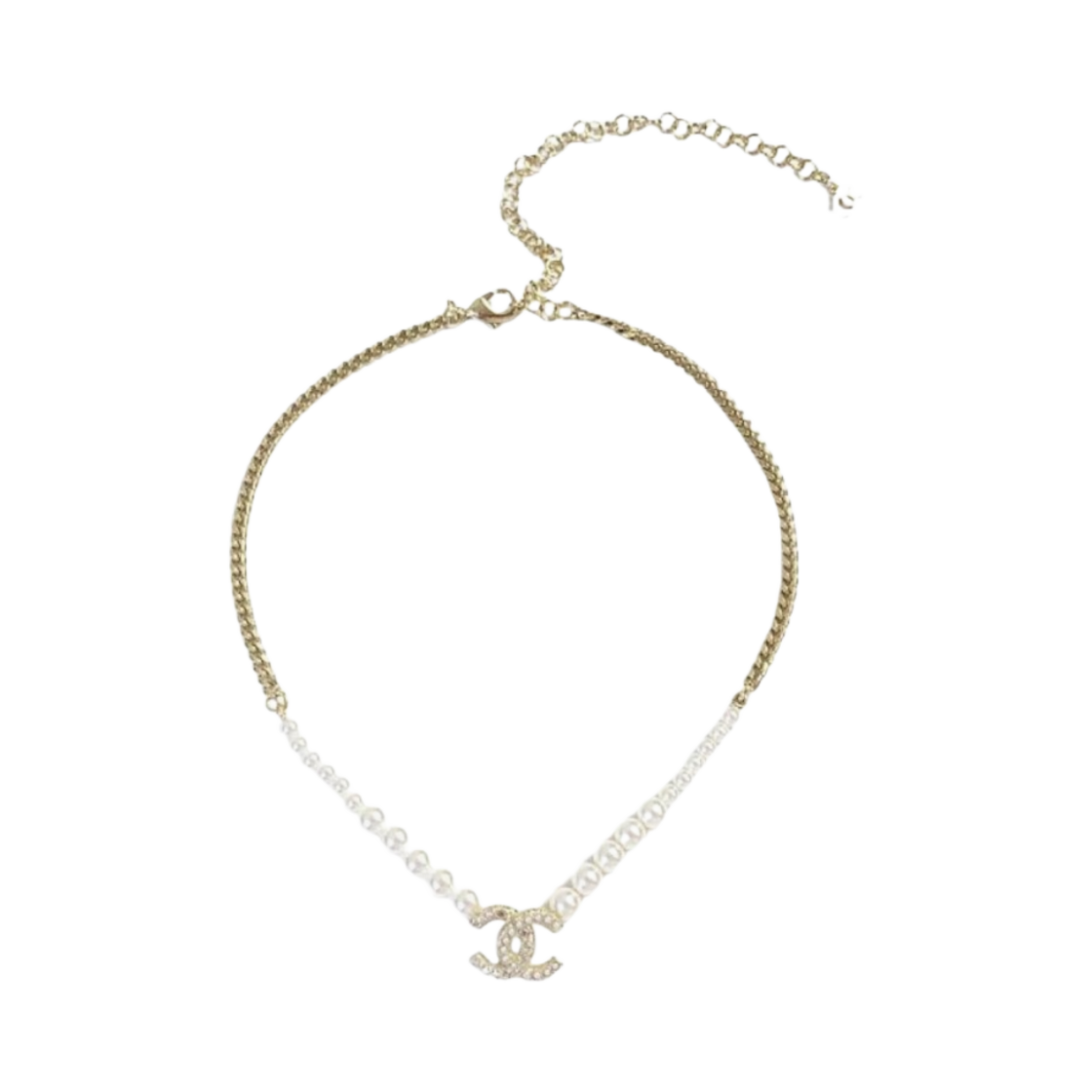 (W) 샤넬 네클리스 메탈 이미테이션 펄 스트라스 & 골드 펄리 화이트 크리스탈((W) Chanel Necklace Metal Imitation Pearls Strass & Gold Pearly White Crystal) - 1
