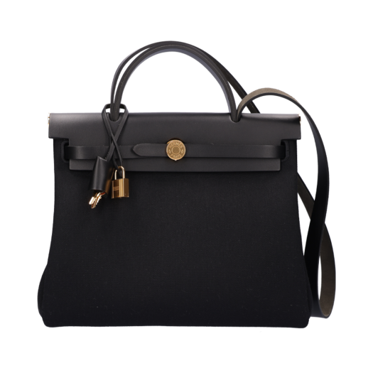 ITUWPLLWFTM5 Hermes Herbag Zip 31 Retourne in Military Canvas, Noir with Gold Hardware and B Engraving