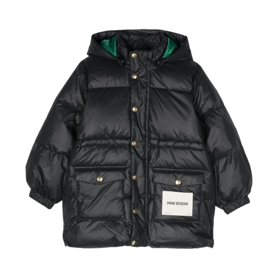 (키즈) 미니 로디니 로고 패치 패딩 자켓 블랙((Kids) Mini Rodini Logo Patch Padded Jacket Black)