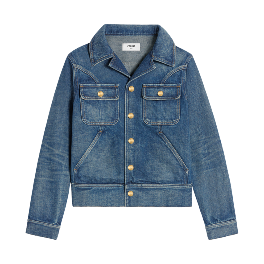 【CELINE】Trucker jacket in dark union wash denim Celine Oversized Trucker Jacket With Hood In Union Wash