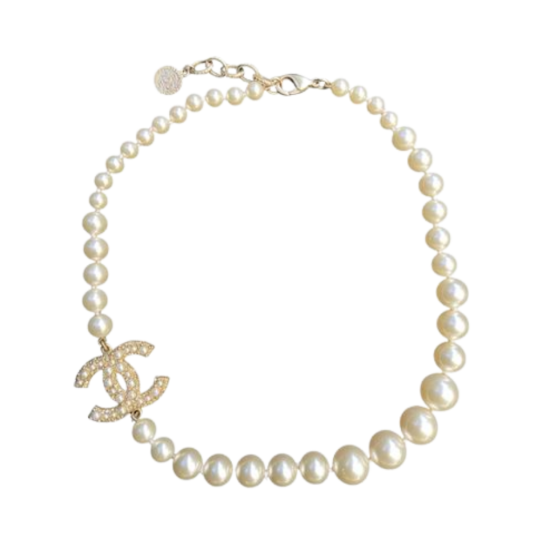 (W) 샤넬 네클리스 메탈 글래스 펄 레진 & 골드 메탈 펄리 화이트 크리스탈((W) Chanel Necklace Metal Glass Pearls Resin & Gold Pearly White Crystal)