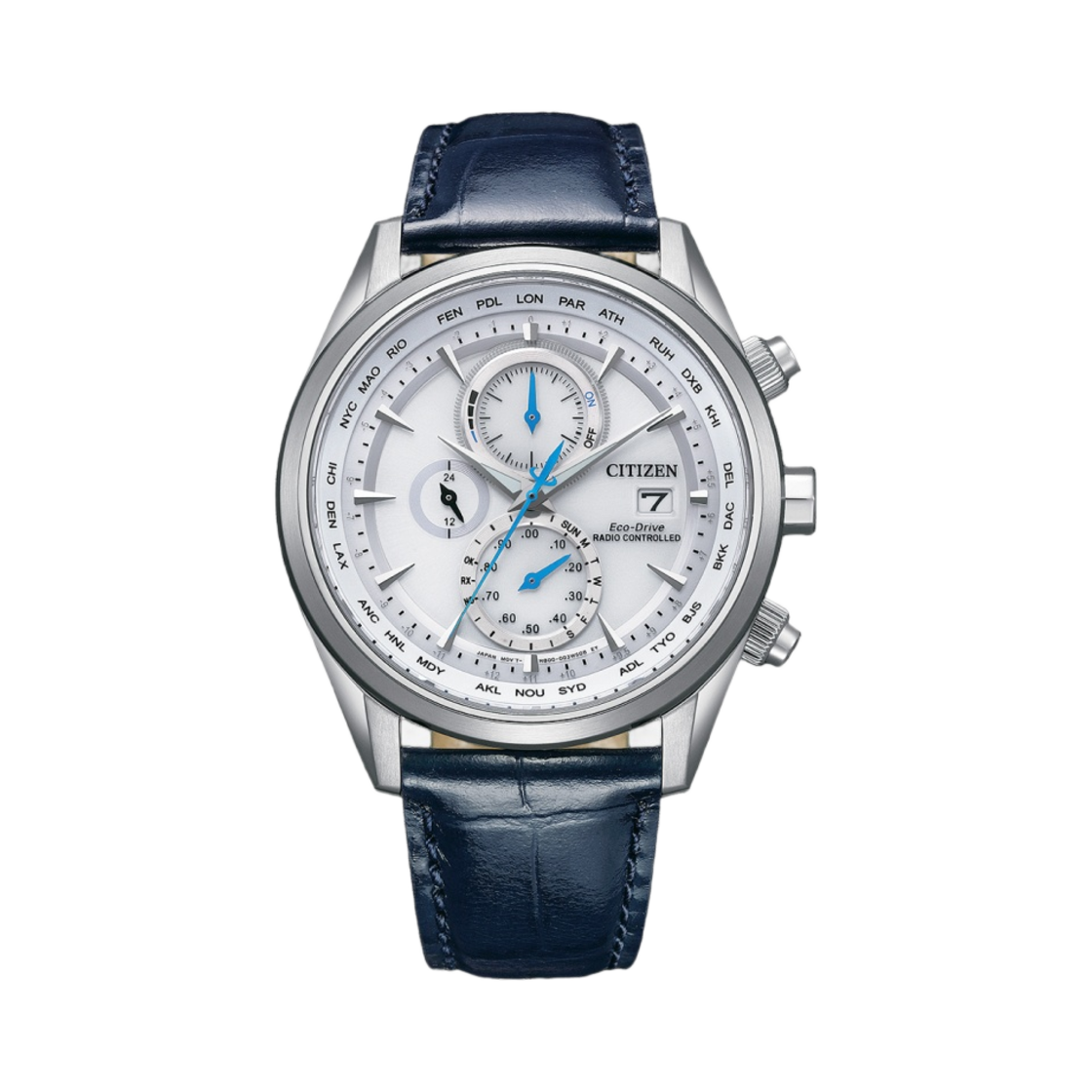 시티즌 글로벌 라디오 컨트롤 크로노그래프 에코드라이브 43mm 스테인리스 스틸 카프 스킨 실버 블루(Citizen Global Radio Controlled Chronograph Eco-Drive 43mm Stainless Steel Calf Leather Silver Blue) - 1
